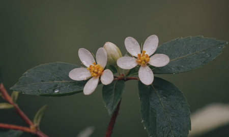 White flowers on a green background, macro photo, narrow depth of fieldの写真素材