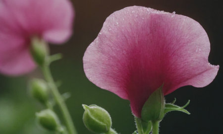 Pink pea flower with water drops on the petals, close upの写真素材