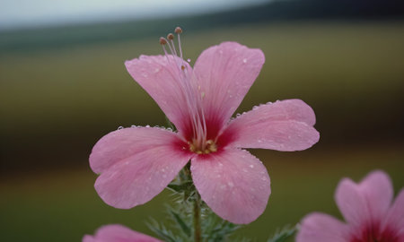 Pink Hibiscus flower with raindrops on the petals.の写真素材