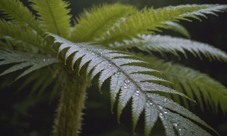 Raindrops on the leaves of a fern in the forest.の写真素材