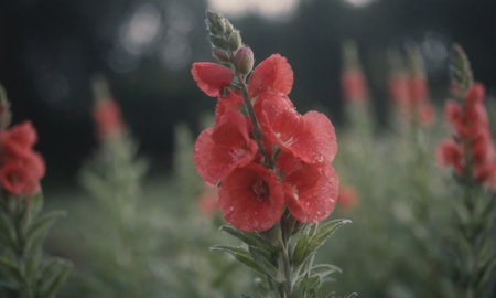 Water drops on red salvia flowers in the garden, stock photoの写真素材