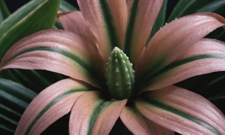 Close up of a bromeliad plant with red and green stripesの写真素材