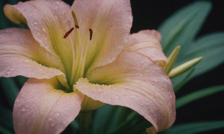 Lily flower with water drops on petals and green leaves.の写真素材