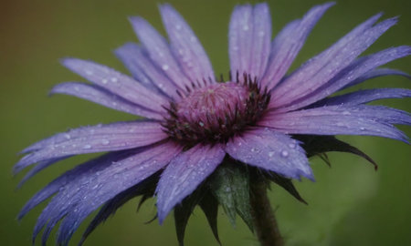 Purple flower with raindrops on the petals, close-upの写真素材