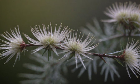 Flowering branches of a spruce with drops of dewの写真素材
