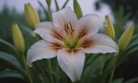 Beautiful lily flowers in the garden with raindrops on the petalsの写真素材