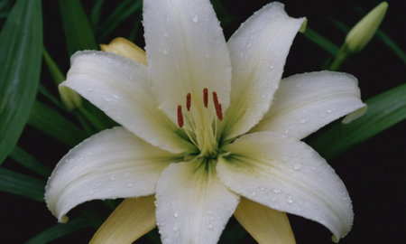 Beautiful white lily with rain drops on the petals.の写真素材