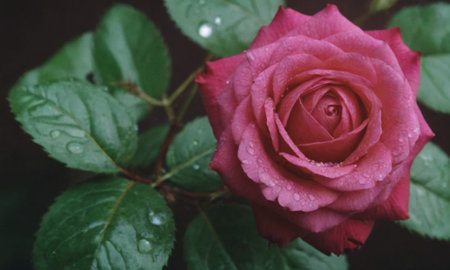 Beautiful pink rose with dew drops on a dark background.の写真素材