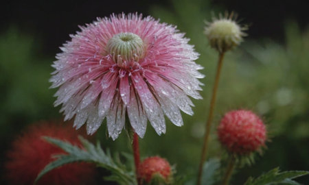 Raindrops on a pink flower in the garden after the rain.の写真素材