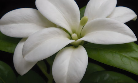 White magnolia flower with green leaves on dark background, close upの写真素材