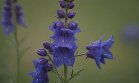 Purple delphinium flower with water drops on the petalsの写真素材