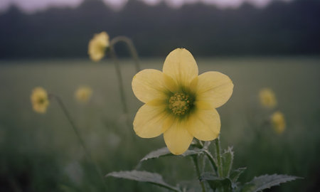 Yellow flower in a meadow with a blurry background. Toned.の写真素材