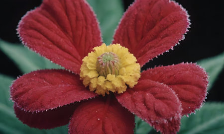 Red flower with yellow stamens and green leaves in the gardenの写真素材