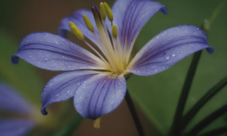 Purple flower with water droplets on petals and green leavesの写真素材