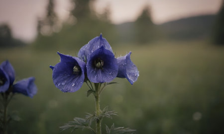 Blue flowers with raindrops on the petals in the field.の写真素材