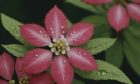 Close up of red poinsettia flower with water drops.