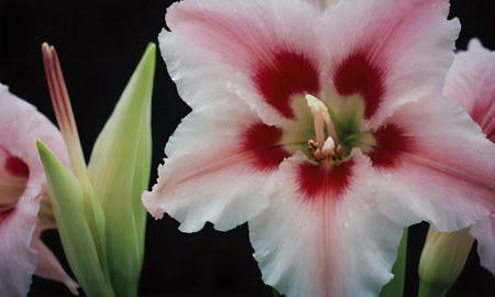 Pink and white lily on a black background, close-upの写真素材