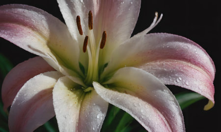 White lily with water drops on the petals close-upの写真素材
