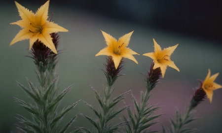 Close up of yellow flowers in a meadow with blurred background.の写真素材