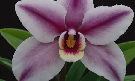 purple orchid flower on black background, closeup of photoの写真素材