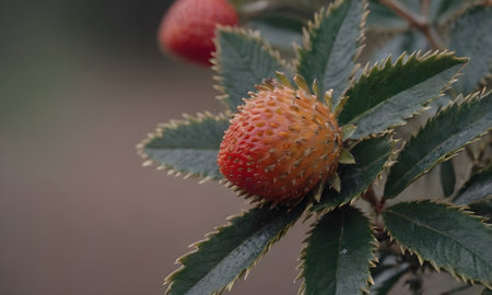 Strawberry fruit on the bush in the garden, close upの写真素材
