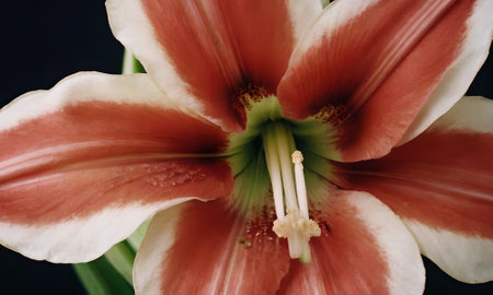 A close up of a lily flower with a dark background.の写真素材
