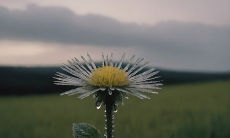 Close up of daisy flower in the field with rain drops.の写真素材