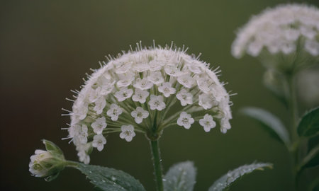 Close up of a white flower with water drops on the petalsの写真素材
