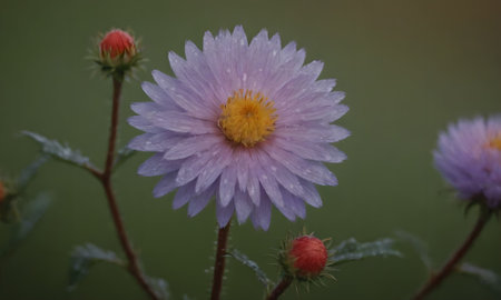 purple asters in the garden with dew drops on petalsの写真素材