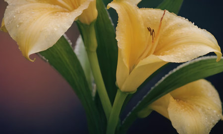 Yellow lily with water droplets on the petals. Soft focus.の写真素材
