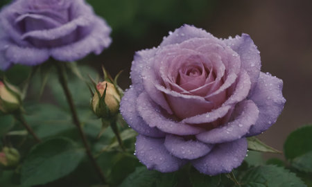 Beautiful purple rose with dew drops in the garden, vintage styleの写真素材