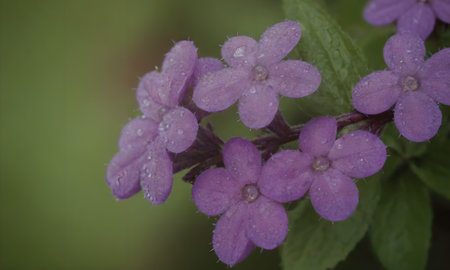purple flowers with raindrops on the petals of a plantの写真素材