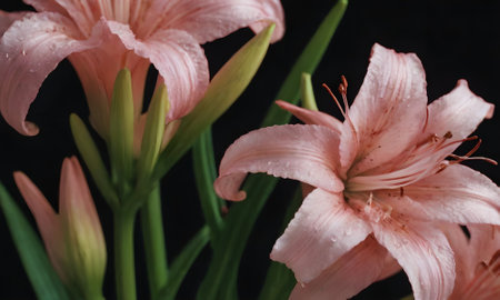pink lily flowers on a black background closeup macro photography