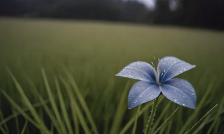 Blue flower in the rice field with soft focus and bokehの写真素材