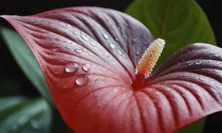 Red anthurium flower with water droplets on the petalsの写真素材