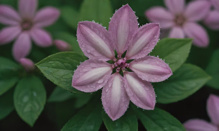 Purple flower with water droplets on the petals and leavesの写真素材