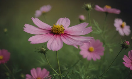 Cosmos flowers in the garden with vintage color style, soft focusの写真素材