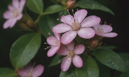 Pink flowers with raindrops on the petals and green leaves.の写真素材