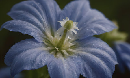 Close-up of a blue flower with water drops on petalsの写真素材