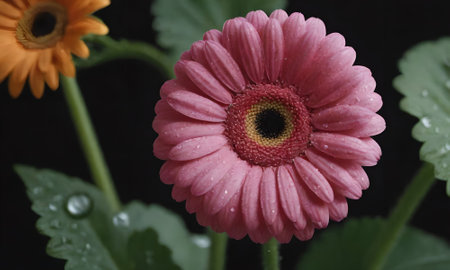 Pink gerbera flower with water drops on the petals.の写真素材