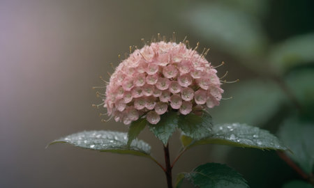 Pink Hydrangea macrophylla flower with water droplets.の写真素材