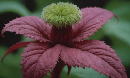 Close up of a red flower with green leaves in the background.