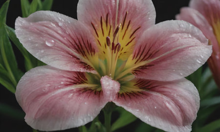 Pink lily with water drops on the petals, close upの写真素材