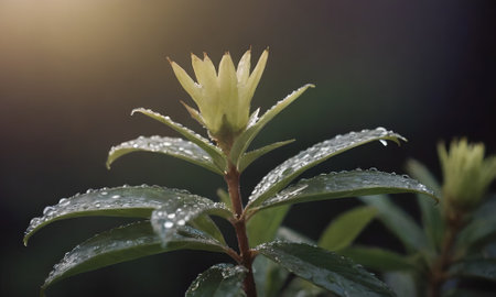 Close-up of rhododendron with raindrops.の写真素材