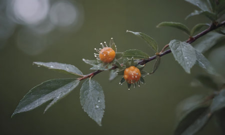 Ripe berries on a green branch of a bush in the rainの写真素材