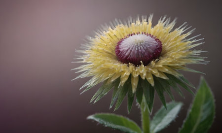 A close up of a yellow flower with dew drops on it.の写真素材