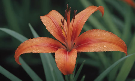 Orange lily with raindrops on the petals and green leavesの写真素材