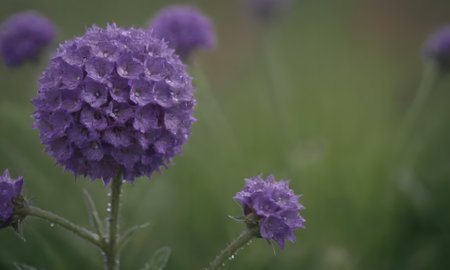 Purple flowers with dew drops on the petals in a gardenの写真素材