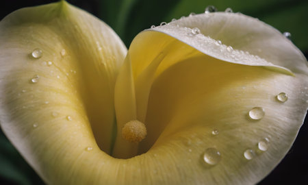 Yellow calla lily with water droplets on the petalsの写真素材