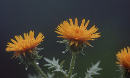 Dandelion flowers with water drops on petals, closeup of photoの写真素材
